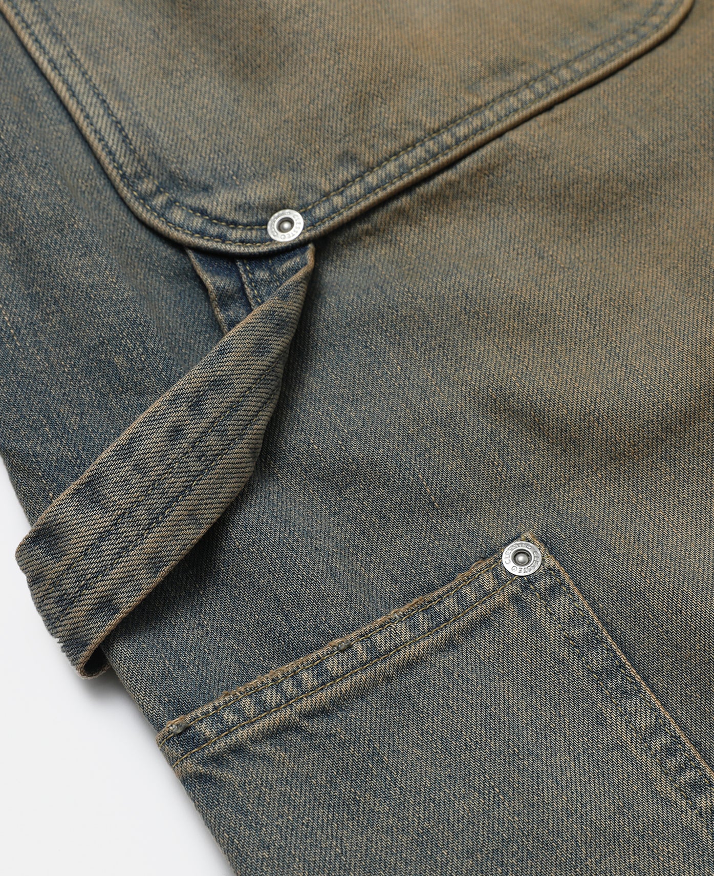 Vintage Dyed Selvedge Denim Double Knee Curved Worker Pants (Beige) - Image 3