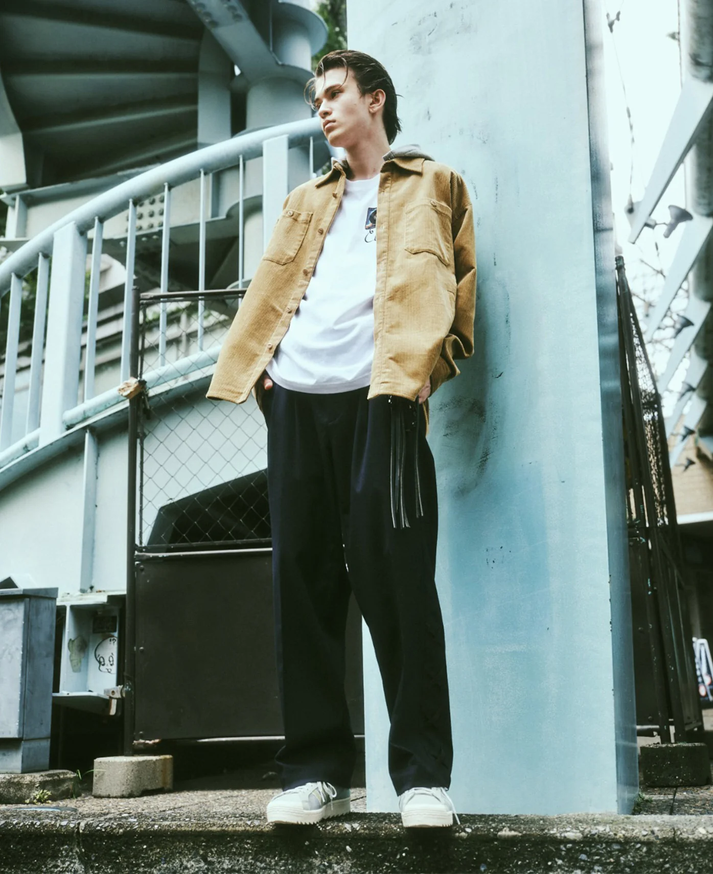 Corduroy Hooded Shirt (Beige) - Image 2